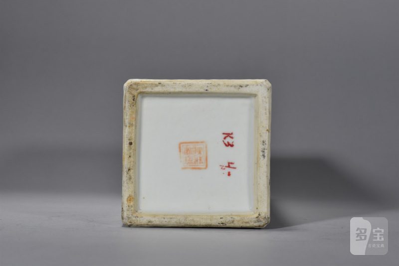 清光绪 陆清标浅绛彩花鸟博古四方帽筒 - 图4
